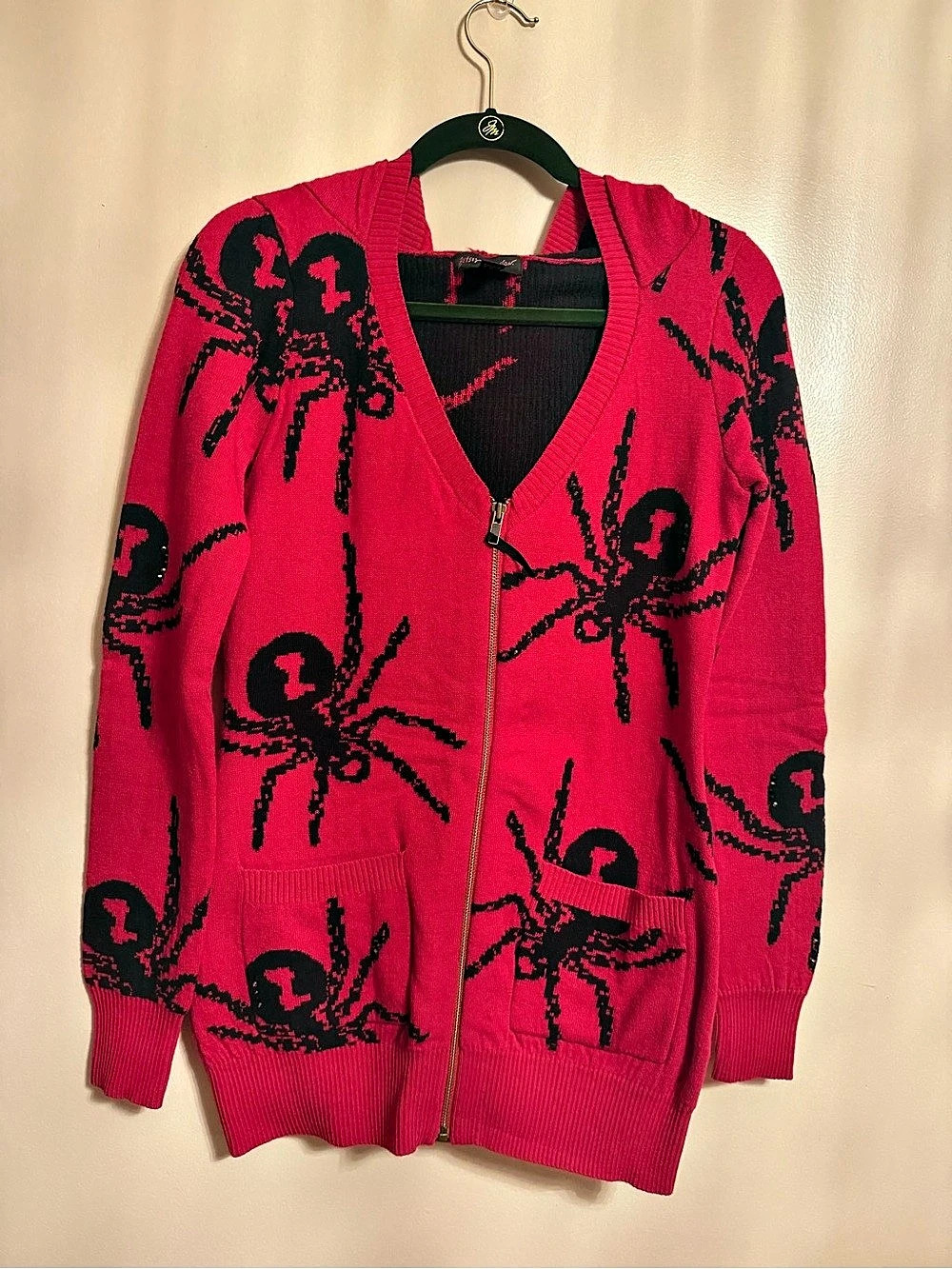Betsey Johnson Spider Zip Cardigan Sweater Dress Pink & Black